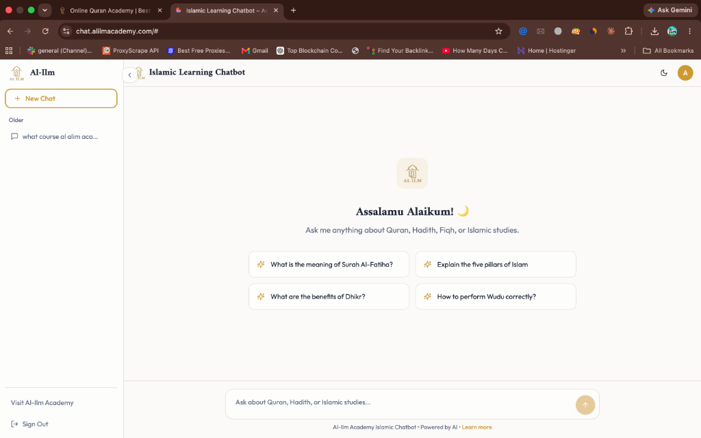 Islamic AI Chatbot Welcome Screen