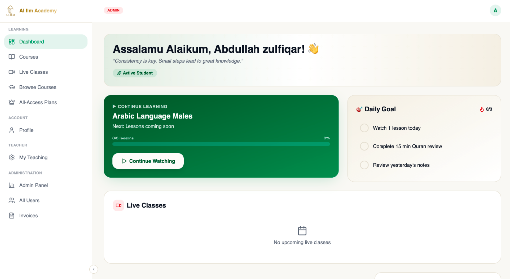 Al-Ilm Student Dashboard Overview