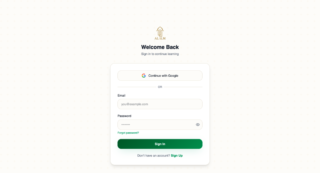 Al-Ilm Student Portal Login Screen